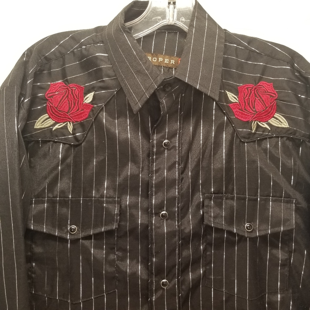 Roper Men Sz L Western Snap Pearl Shirt Black Silver Metallic Stripe Rodeo - Picture 2 of 14